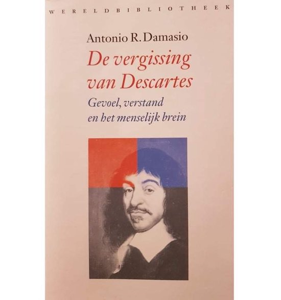 Boekomslag 'De vergissing van Descartes' met een portret van Descartes onder een rood-blauw vlak.