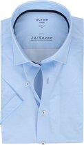 OLYMP Luxor 24/Seven modern fit overhemd - korte mouw - lichtblauw tricot mini dessin - Strijkvriendelijk - Boordmaat: 40