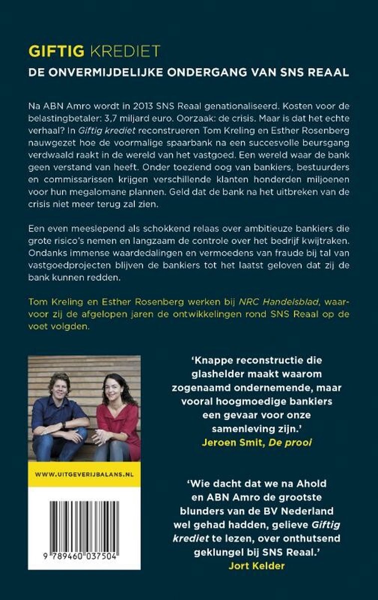 Achterkant boek 'Giftig krediet' met auteurs en citaten.