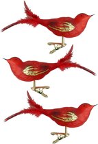3x stuks luxe glazen decoratie vogels op clip rood 11 cm - Decoratievogeltjes - Kerstboomversiering