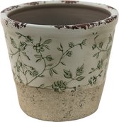 Clayre & Eef Bloempot Ø 12*10 cm Groen Wit Keramiek Rond Bladeren Bloempot binnen Plantenpot Plant pot