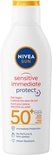 NIVEA SUN Sensitive Immediate Protect Zonnebrand Melk - Gevoelige huid - SPF 50+ - Met aloë vera en antioxidanten - Voorkomt huidreacties - 200 ml
