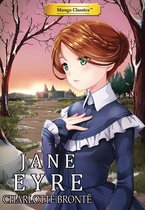 Couverture Manga Classics Jane Eyre. Jeune femme aux cheveux roux et yeux verts, portant une robe bleu foncé à volants blancs. Château en arrière-plan.