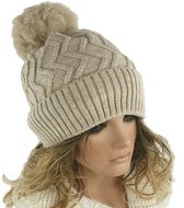 Gevoerde wollen wintermuts dames met afneembare pompon kleur beige maat L XL