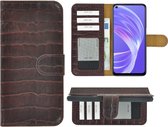 Oppo A73 5G Hoesje - Wallet Case - Oppo A73 5G Wallet Book Case Echt Leer Croco Kastanjebruin Cover