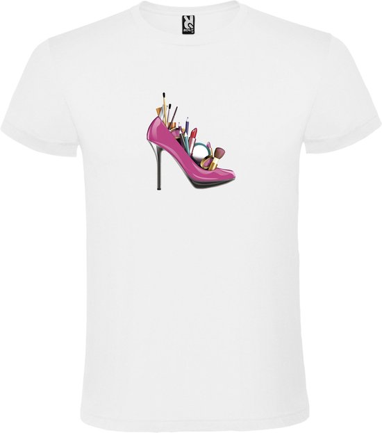 Wit t-shirt met Grote pump/hoge hak gevuld met Make-Up print