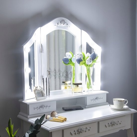 Witte kaptafel met LED-spiegel, passpiegel, 4 opberglades - inclusief kruk Witte kaptafel met LED-spiegel, passpiegel, 4 opberglades - inclusief kruk