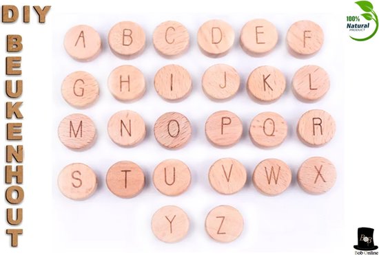 Bob Online™ - A – Z 15mm Plat Ronde Beukenhout Lazer Gegraveerd Alfabetkralen met ca. 3mm Gaatje – A – Z 15mm Flat Round Beech Wood Laser Engraved Alphabet Beads with 3mm Hole – Houten Alfabetkralen – Houten Hobby Letter Kralen – Alfabet Kralen