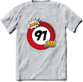 91 Jaar Hoera Verkeersbord T-Shirt | Grappig Verjaardag Cadeau | Dames - Heren | - Licht Grijs - Gemaleerd - L