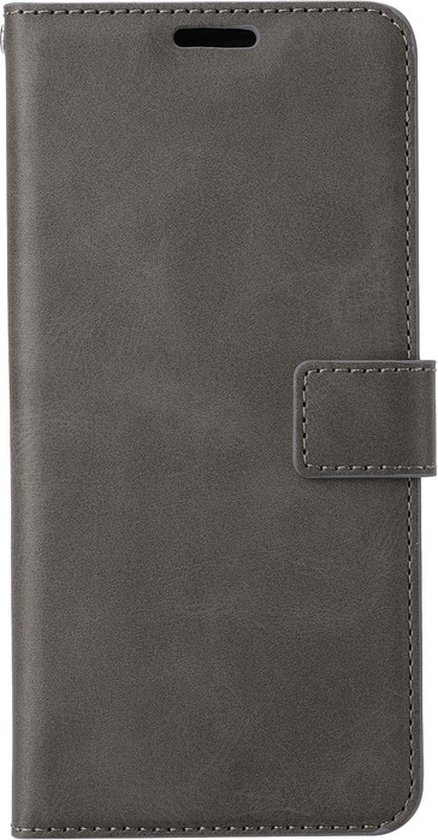 Étui portefeuille gris pour iPhone 13 Mini en similicuir avec coutures et rabat.