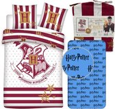 Harry Potter Dekbedovertrek Red/White Hogwarts Logo- 1 persoons 140x200- 100% biologisch Katoen, incl. Harry Potter hoeslaken 90x200 x25.
