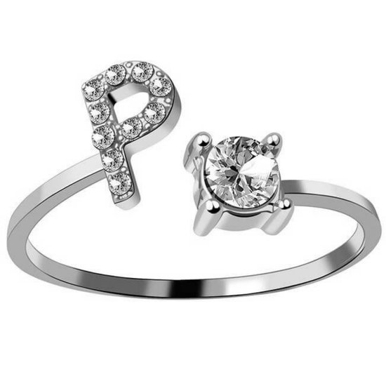 Ring Met Letter - Ring Met Steen - Letter Ring - Ring Letter - Initial Ring - Zilver Letter P - Cadeautje voor haar