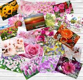 *** 20 DUBBELE Verjaardag Wenskaarten met Bloemen incl. enveloppen - set - tulpen - gevouwen - bloemenveld - gefeliciteerd - happy birthday - felicitatie - ansichtkaart - verjaarda