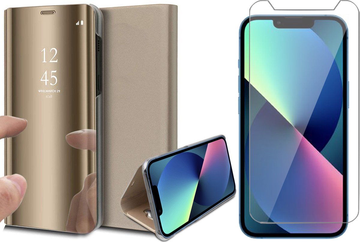 Hoesje geschikt voor iPhone 13 Mini en Screenprotector - Spiegel Book Case - Goud