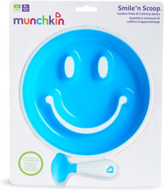 Blauw Munchkin Smile'n Scoop zuignap bord en oefenlepel in verpakking.