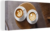 Canvas Schilderij Twee koppen koffie met latte art worden vanaf boven weergegeven - 80x40 cm - Wanddecoratie