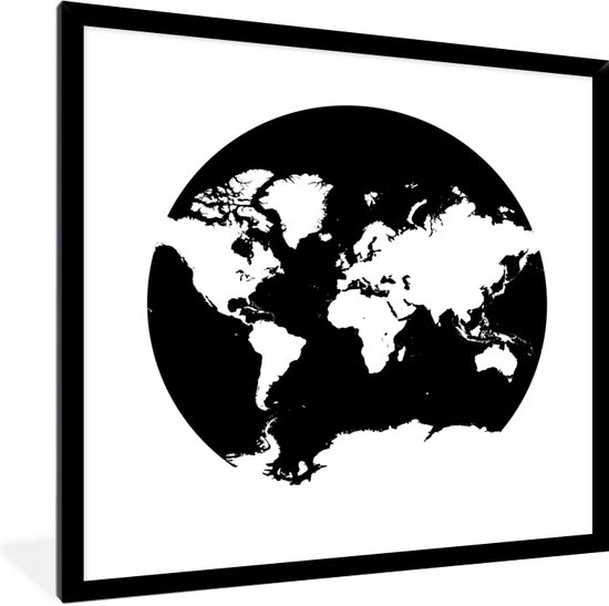 Fotolijst incl. Poster Zwart Wit Wereldkaart Cirkel Zwart Wit