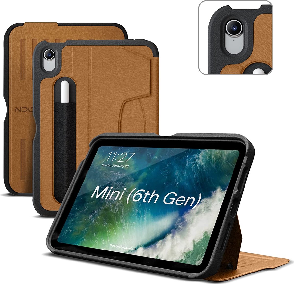 Zugu case - iPad mini Gen 6 (2021) - oersterke luxe flip-over case - volledige 360˚ bescherming – met multifunctionele standaard functie – geschikt voor Apple Pencil - Stealth Black - Gognac bruin