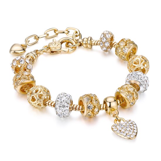 Bracelet à Breloques européen 18 carats avec pendentif coeur DIY plaqué or [ Charm OR] [18 cm] - Bracelet à Charm européen plaqué or 18 carats avec perles à grand trou et zircon DIY pour femme
