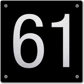 Huisnummerbord - huisnummer 61 - zwart - 12 x 12 cm - rvs look - schroeven - naambordje - nummerbord  - voordeur