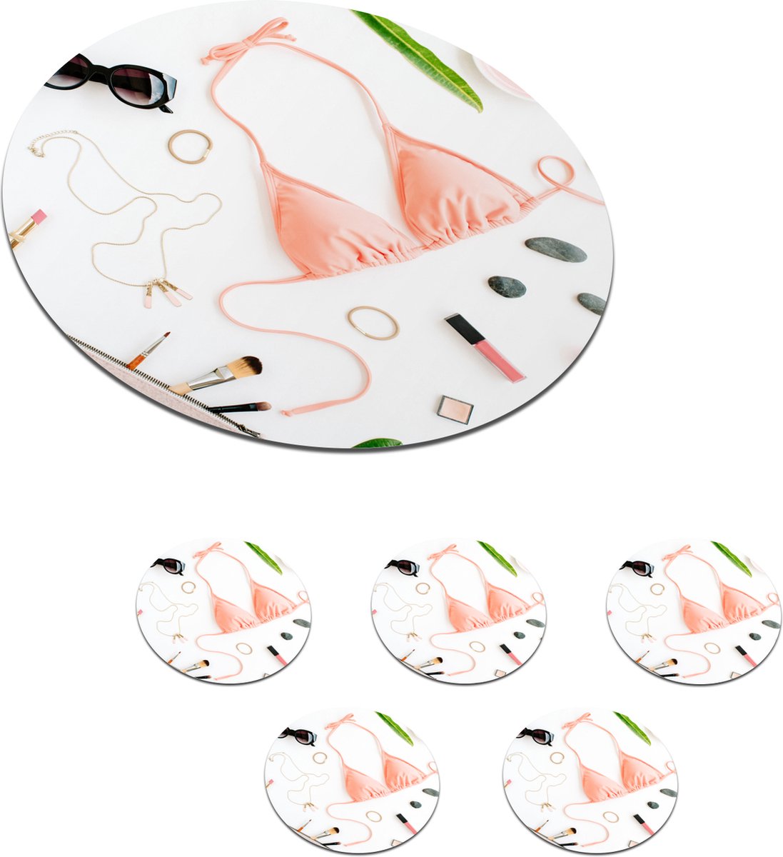 Onderzetters voor glazen - Rond - Bikini - Roze - Zonnebril - 10x10 cm - Glasonderzetters - 6 stuks