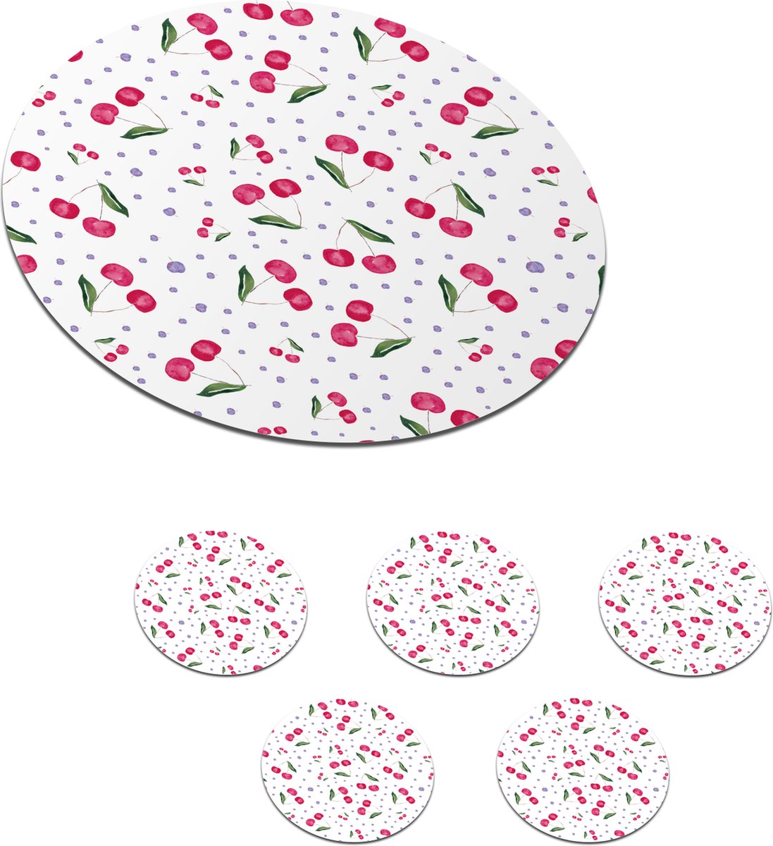 Onderzetters voor glazen - Rond - Kersen - Wit - Patronen - 10x10 cm - Glasonderzetters - 6 stuks