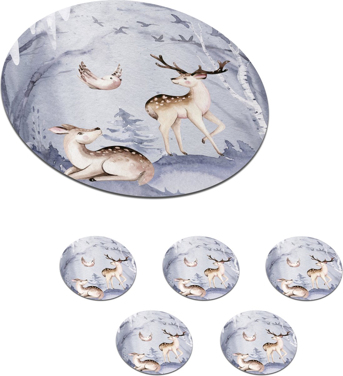 Onderzetters voor glazen - Rond - Winter - Vogel - Hert - 10x10 cm - Glasonderzetters - 6 stuks