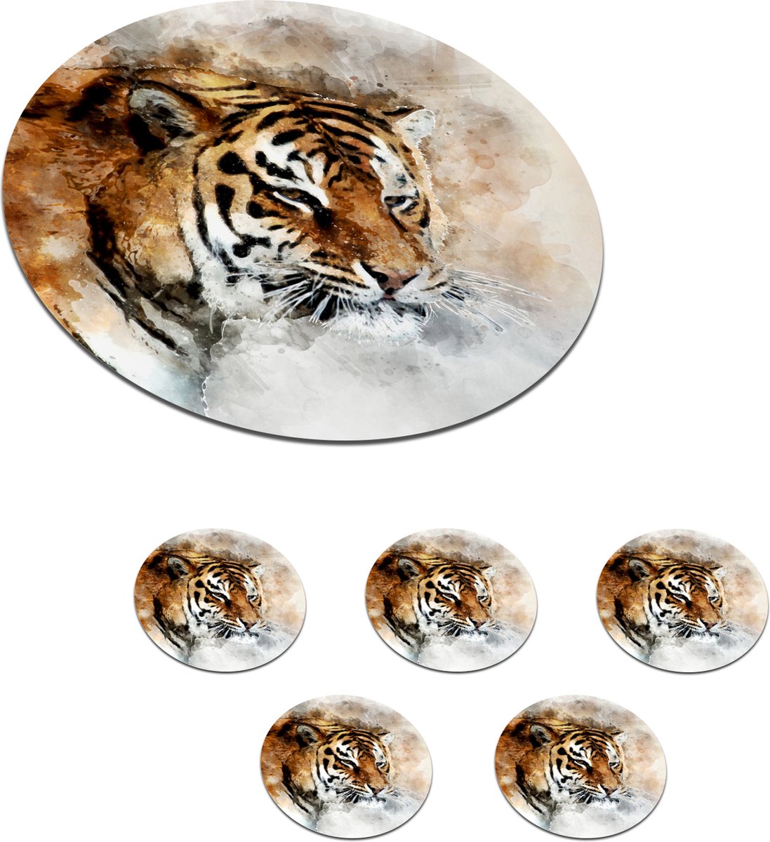 Onderzetters voor glazen - Rond - Tijger - Schilderij - Wit - 10x10 cm - Glasonderzetters - 6 stuks