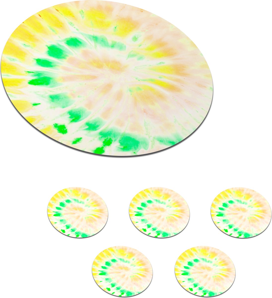 Onderzetters voor glazen - Rond - Tie dye - Groen - Wit - 10x10 cm - Glasonderzetters - 6 stuks
