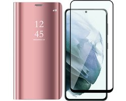 Hoesje geschikt voor Samsung Galaxy S21 FE - Book Case Mirror Reflection Wallet Cover Booktype Hoes Roze - Screenprotector Beschermglas Gehard Glas Tempered Glass Full Screen Protector