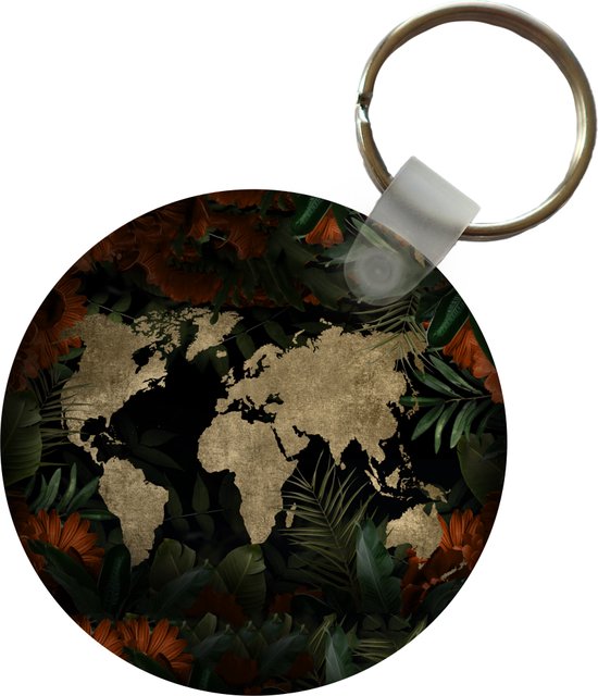 Porte-clés - Wereldkaart - Rétro - Fleurs - Plastique - Rond
