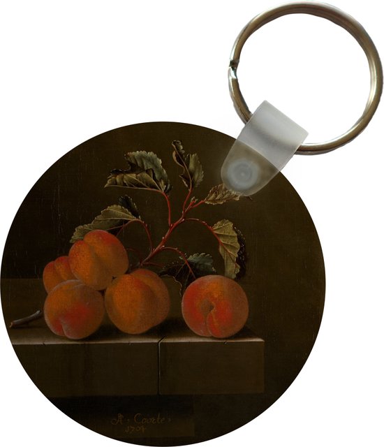 Sleutelhanger - Stilleven met vijf abrikozen - schilderij van Adriaen Coorte in vierkante uitsnede. - Plastic - Rond - Uitdeelcadeautjes
