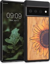 kwmobile telefoonhoesje compatibel met Google Pixel 6 Pro - Hoesje met bumper in geel / donkerbruin / lichtbruin - kersenhout - Wood Sunflower design