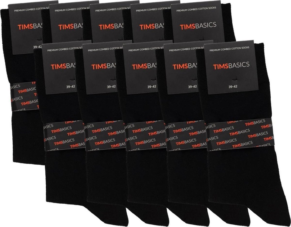 Timbasics - 10x Premium Katoenen - Heren Sokken - Zwart - Maat 39-42 - Normale Sokken