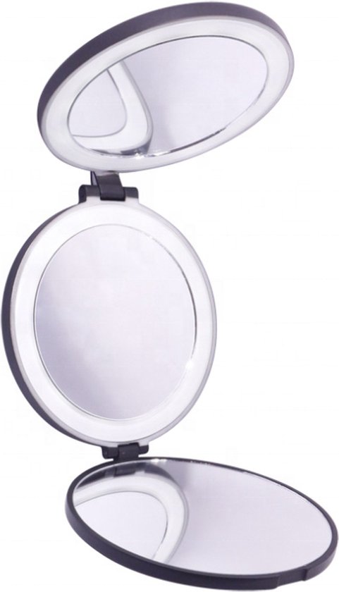 UNIQ Drievoudige compacte reisspiegel met LED (vergroting 5x en 10x) - Make up spiegel met verlichting - Zwart