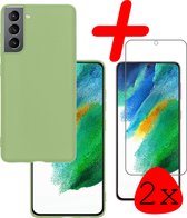 Hoes Geschikt voor Samsung S21 FE Hoesje Siliconen Back Cover Case Met 2x Screenprotector - Hoesje Geschikt voor Samsung Galaxy S21 FE Hoes Cover Hoesje - Groen