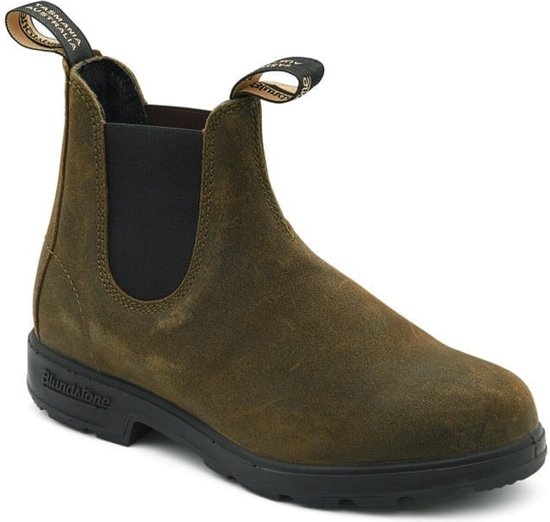 Botte Chelsea Blundstone vert foncé en suède, vue de côté.