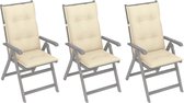 Decoways - Tuinstoelen 3 stuks verstelbaar met kussens massief acaciahout
