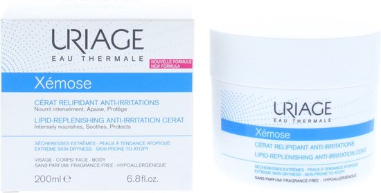 Uriage Xemose pot met blauwe en witte opdruk. Intensief voedend, kalmeert en beschermt.
