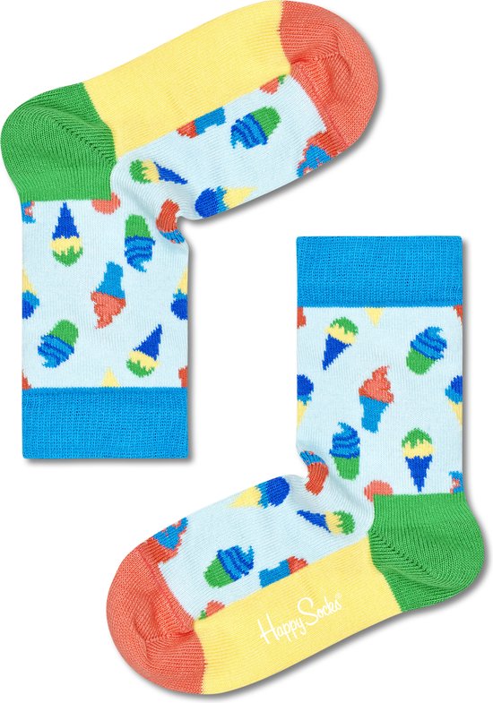Lichtblauwe Happy Socks met een ijsjesprint in groen, geel, rood en blauw. De boorden zijn geel en groen.