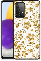 Back Cover Siliconen Hoesje Samsung Galaxy A72 (5G/4G) Telefoonhoesje met Zwarte rand Gouden Bloemen