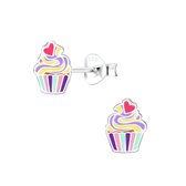 Joy|S - Zilveren cupcake oorbellen - multicolor met roze hartje - 6 x 8 mm