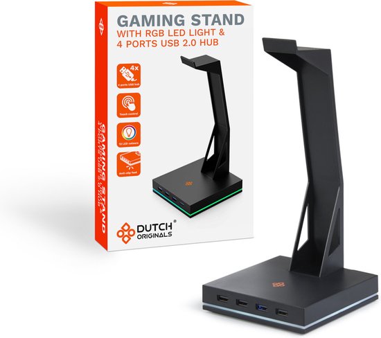 Dutch Originals Headset Stand - Koptelefoonhouder met LED-licht - Gaming Headset Standaard - Zwart - Anti-slip - 4 USB 2.0 Ports, 12 x 12 x 25.3 cm