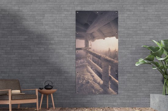 Affiche de clôture Montagne enneigée de Mogielica en Pologne pendant l'hiver - 100x200 cm - Toile de jardin