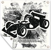 Tuin poster Een kunstzinnige illustratie van een zwart-witte racewagen uit de Formule 1 - 200x200 cm - Tuindoek - Buitenposter