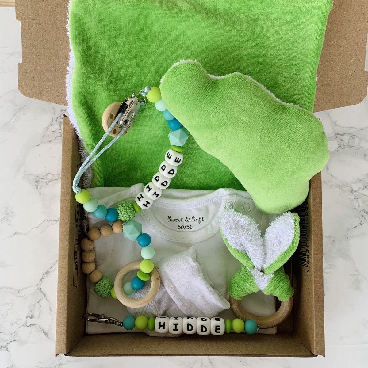 Goedkoopste Giftset babypakket - turquoise - gepersonaliseerd - verschillende maten