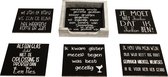 Onderzetters voor glazen - set nr 23 onderleggers - Hout - Leuke onderzetters met tekst , Zwarte , 6 stuks met een houder