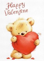 Happy Valentine! Een schattige beer die een groot hart vasthoudt. Naast de beer liggen nog hartjes op de grond. Een dubbele wenskaart inclusief envelop en in folie verpakt.