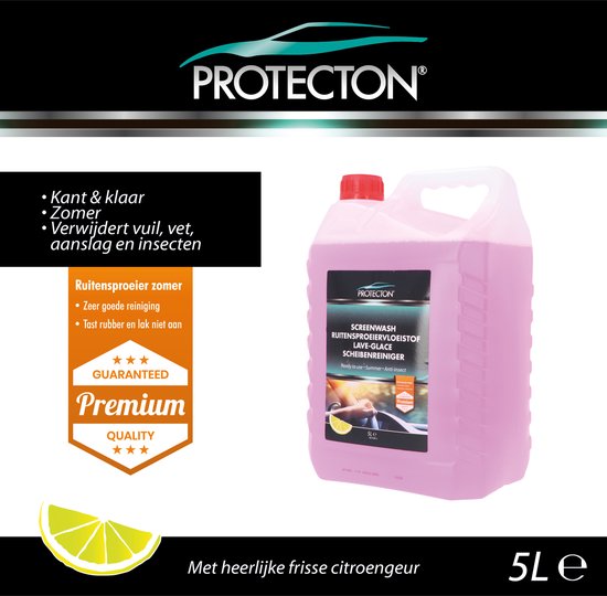 Liquide lave-glace Protecton 5L, rose, bouchon rouge. Prêt à l'emploi, été, anti-insectes. Parfum citron.