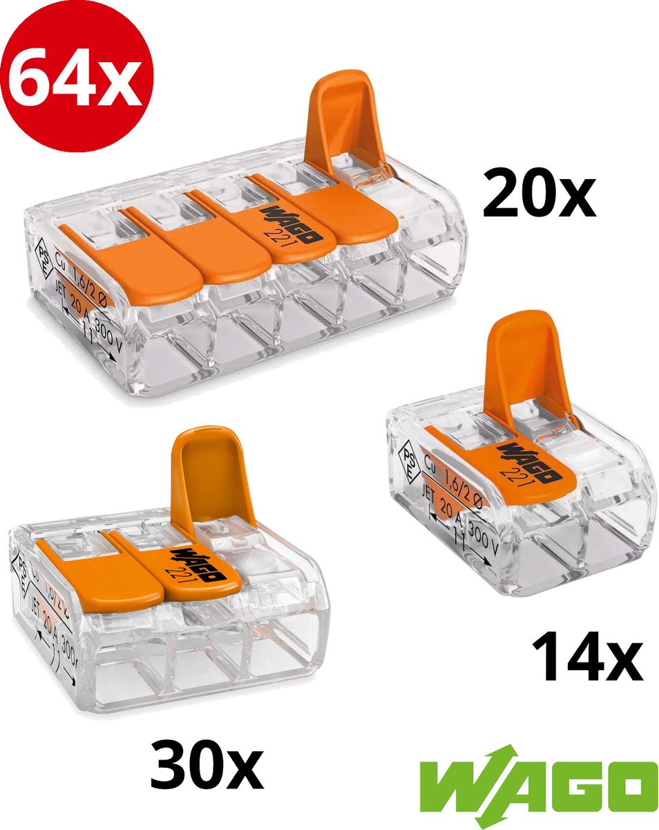 64 st WAGO lasklemmen assortiment | serie 221 - 2, 3 en 5 voudig | met klemmetjes | BIG PACK 64